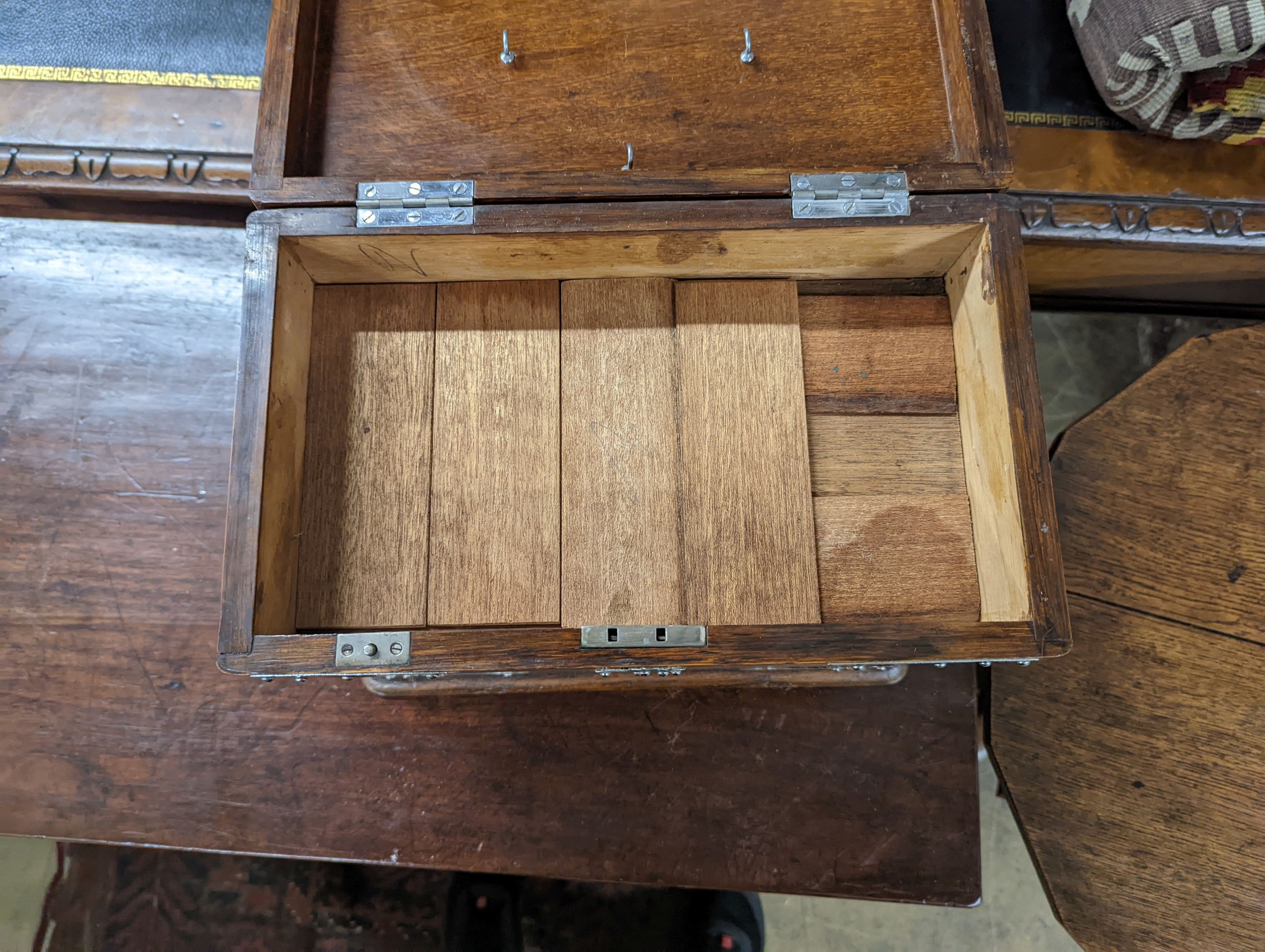 A late Victorian metal mounted oak smoker's box, width 34cm, depth 20cm, height 29cm